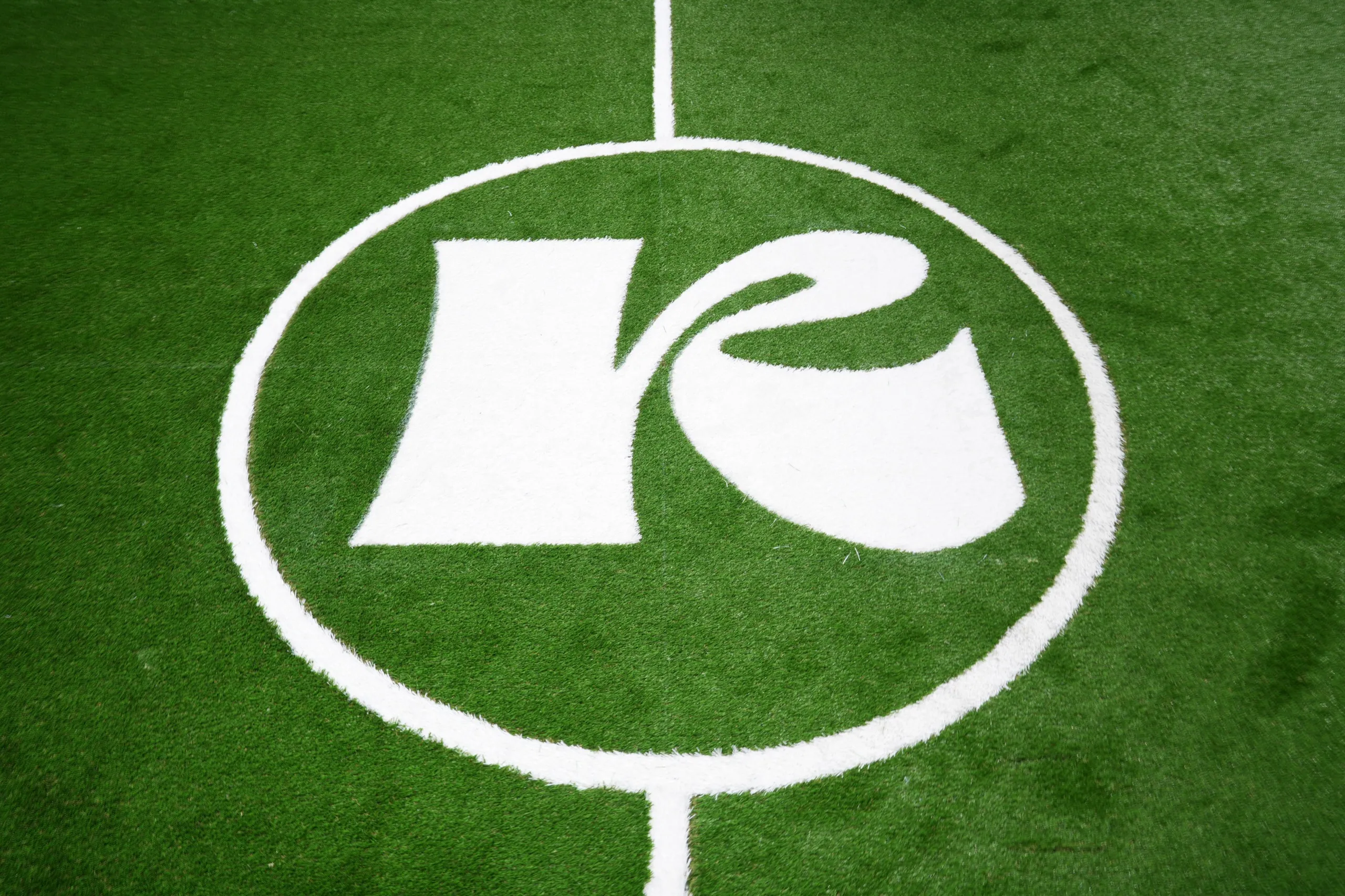 구장 중앙 서클에 흰색으로 새겨진 KICK FC 엠블럼.