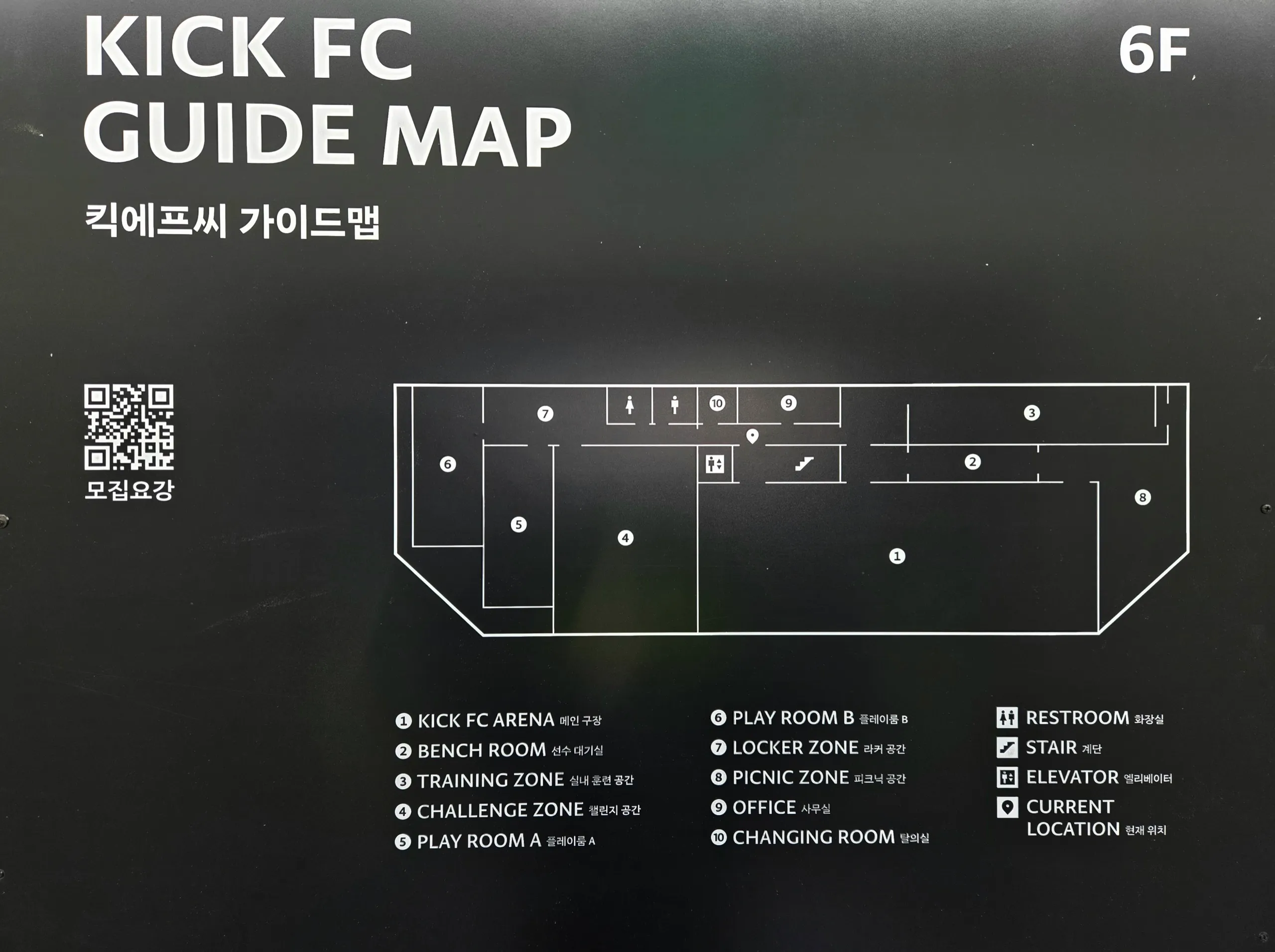 킥에프씨 6층 가이드맵. 메인 구장, 선수 대기실, 실내 훈련 공간, 챌린지 공간, 플레이룸 A와 B, 라커 공간, 피크닉 공간, 사무실, 탈의실의 배치를 보여준다.